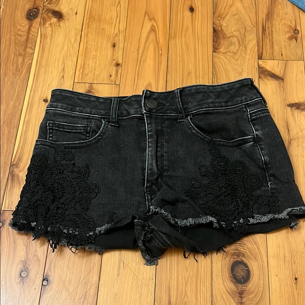 Black Lace Denim Shorts